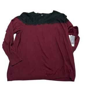 NWT Women's Burgundy Sweater with Black Lace Neckline Plus Size 2X Holiday Party